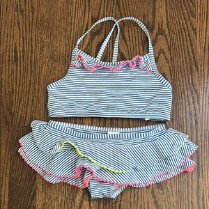 Mini Boden Ruffle Striped Blue and White Bikini Set Size 5/6Y